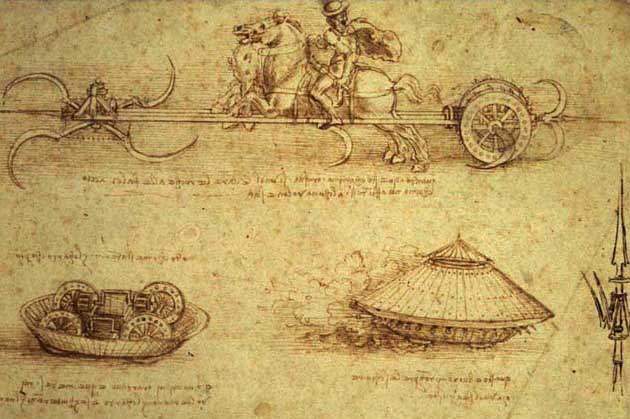 Lâminas com invenções de Leonardo da Vinci